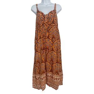 Knox Rose Womens Boho Orange & Brown Floral Print Smocked Midi Dress M
